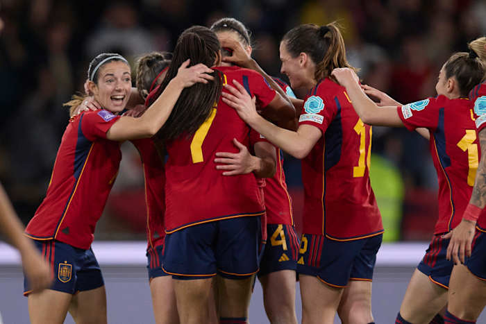 Spain's players pictured celebrating a goal during their 2-0 win over France in the inaugural UEFA Women's Nations League final in February 2024